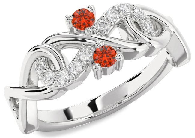 Diamond Fire Opal Silver Infinity Round Two Stone Ring