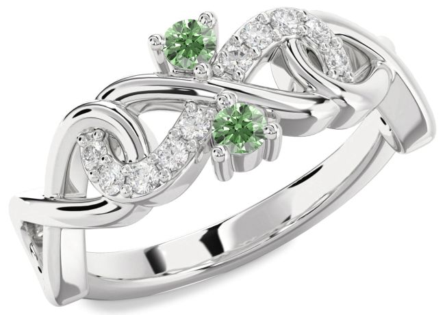 Green Diamond Platinum Infinity Round Two Stone Ring