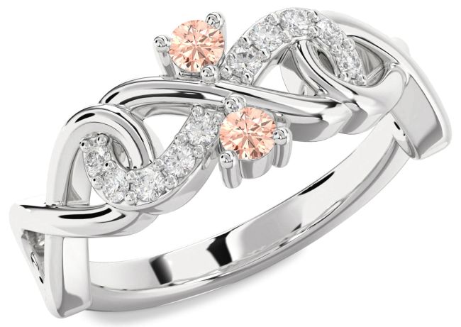 Diamond Morganite Silver Infinity Round Two Stone Ring