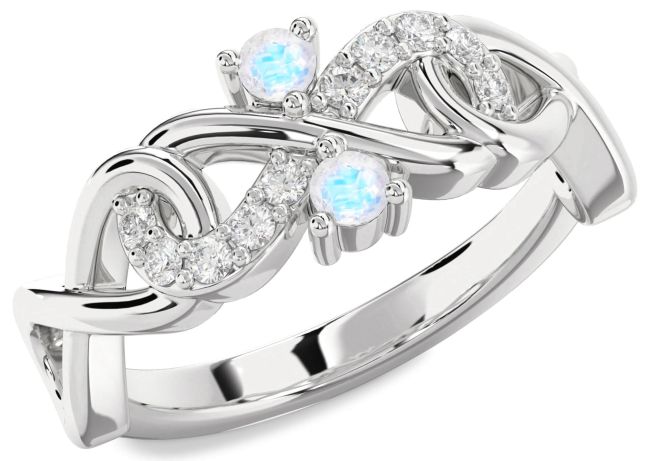 Diamond Moonstone Silver Infinity Round Two Stone Ring