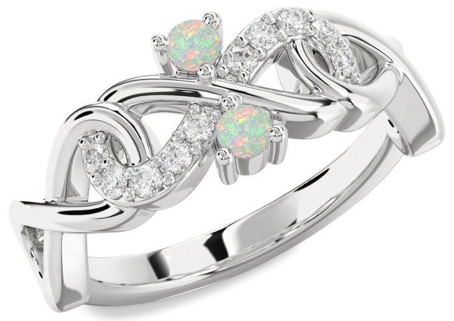 Diamond Opal Silver Infinity Round Two Stone Birthstone Ring