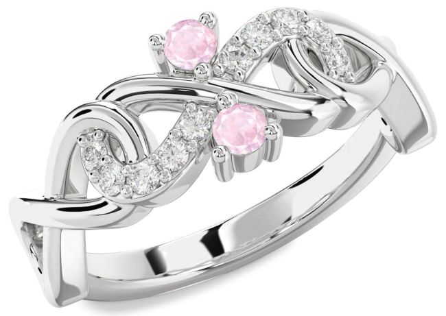 Diamond Rose Quartz Silver Infinity Round Two Stone Ring