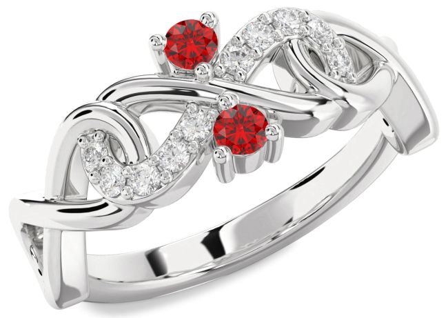 Diamond Ruby Silver Infinity Round Two Stone Birthstone Ring
