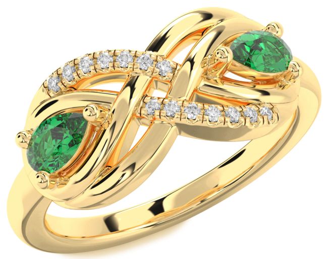 Diamond Emerald Gold Infinity Pear Two Stone Birthstone Ring