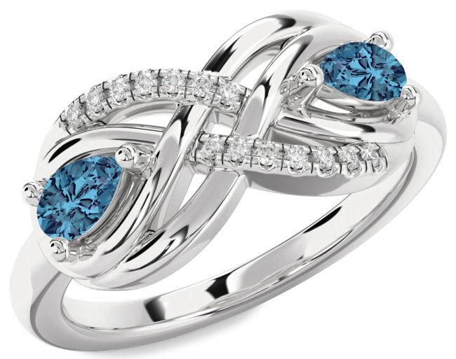 Blue Diamond Silver Infinity Pear Two Stone Ring
