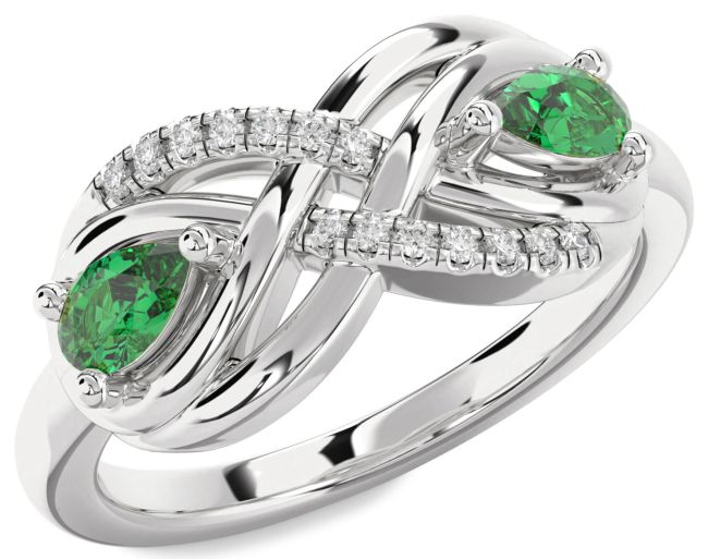 Diamond Emerald Silver Infinity Pear Two Stone Birthstone Ring