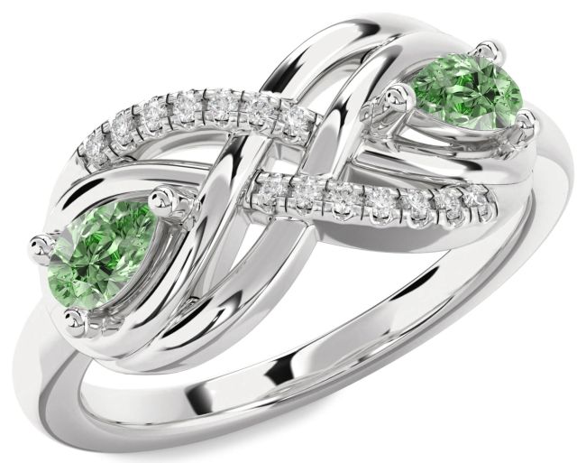 Green Diamond Silver Infinity Pear Two Stone Ring