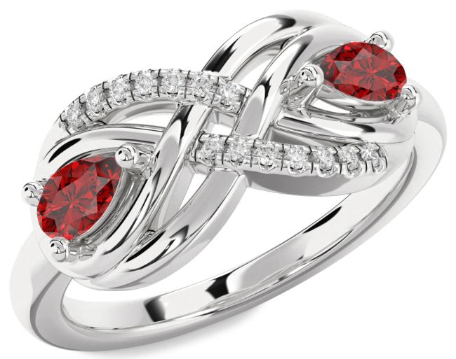 Diamond Ruby Silver Infinity Pear Two Stone Birthstone Ring