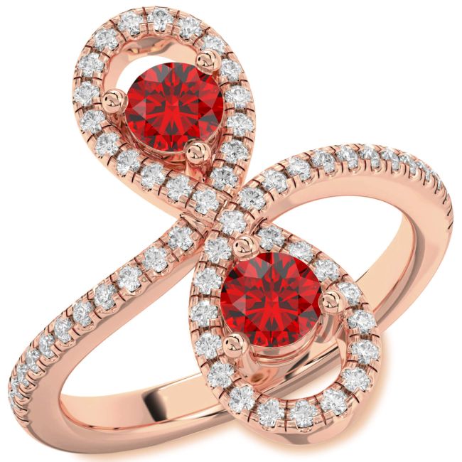 Diamond Ruby Rose Gold Infinity Round Two Stone Pave Birthstone Ring
