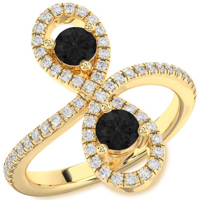 Black Diamond Gold Infinity Round Two Stone Pave Ring