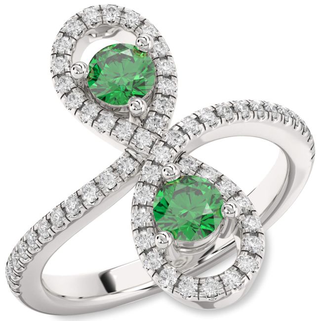 Diamond Emerald Silver Infinity Round Two Stone Pave Birthstone Ring
