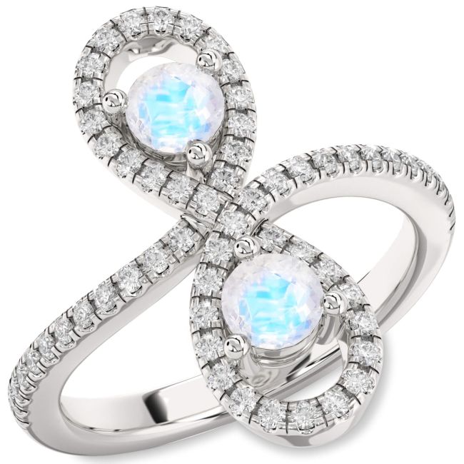 Diamond Moonstone Silver Infinity Round Two Stone Pave Ring