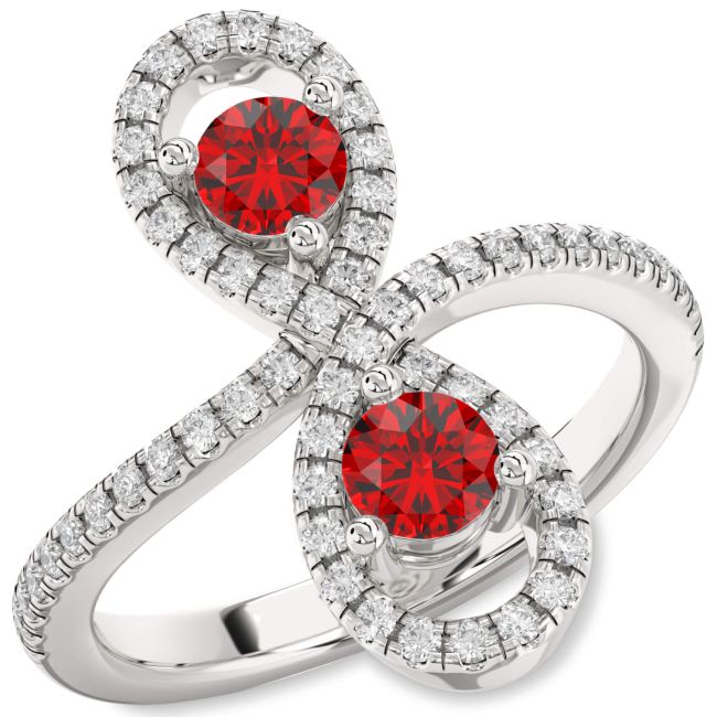 Diamond Ruby Silver Infinity Round Two Stone Pave Birthstone Ring