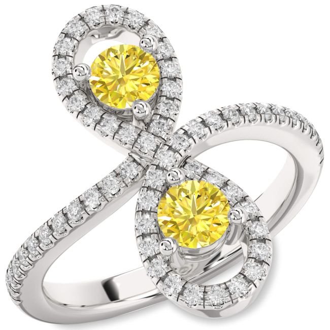 Yellow Diamond Silver Infinity Round Two Stone Pave Ring