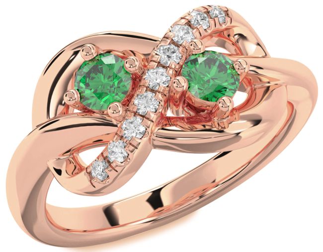 Diamond Emerald Rose Gold Infinity Round Two Stone Birthstone Ring