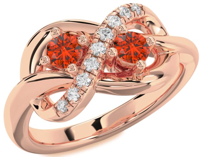 Diamond Fire Opal Rose Gold Infinity Round Two Stone Ring