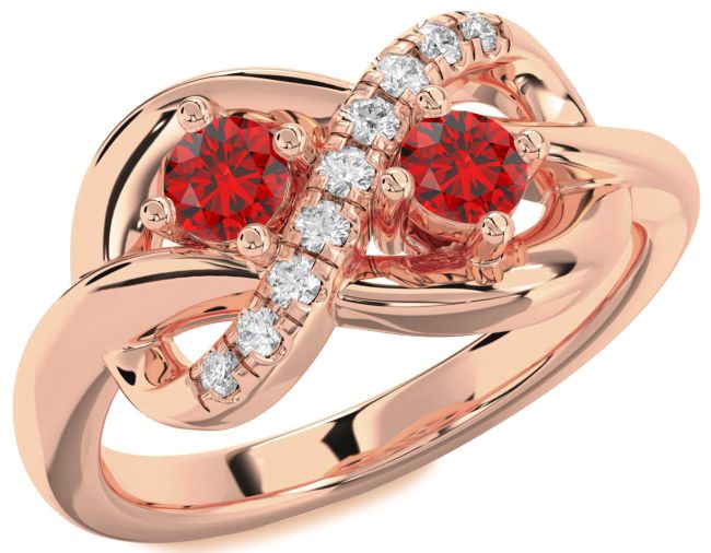 Diamond Ruby Rose Gold Infinity Round Two Stone Birthstone Ring