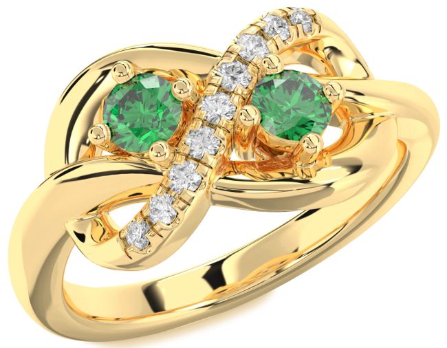 Diamond Emerald Gold Infinity Round Two Stone Birthstone Ring