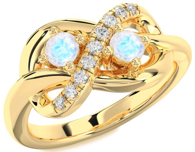 Diamond Moonstone Gold Silver Infinity Round Two Stone Ring