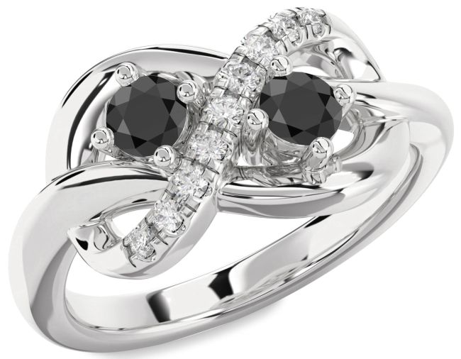 Diamond Black Onyx Silver Infinity Round Two Stone Ring