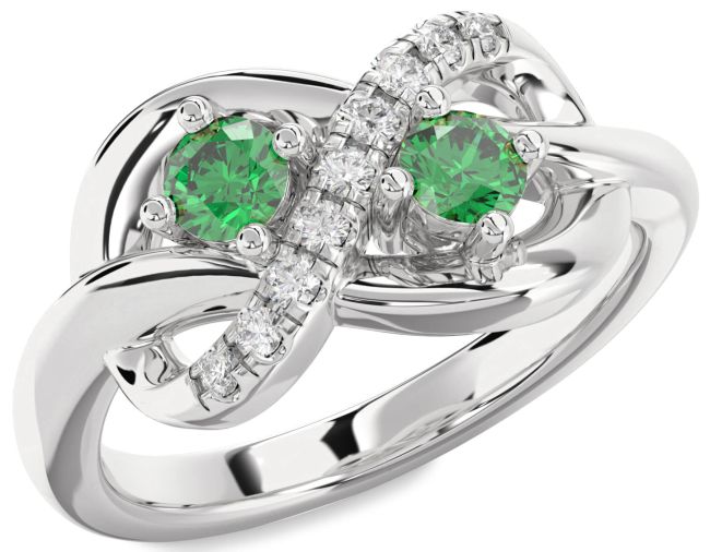 Diamond Emerald Silver Infinity Round Two Stone Birthstone Ring