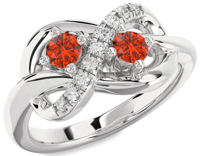 Diamond Fire Opal Silver Infinity Round Two Stone Ring