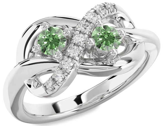 Green Diamond Platinum Infinity Round Two Stone Ring