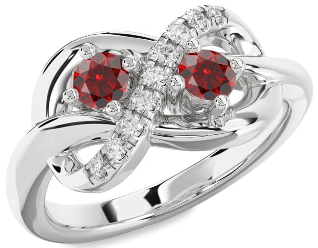 Diamond Garnet Silver Infinity Round Two Stone Birthstone Ring