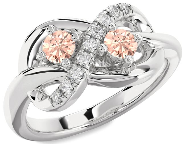 Diamond Morganite Silver Infinity Round Two Stone Ring