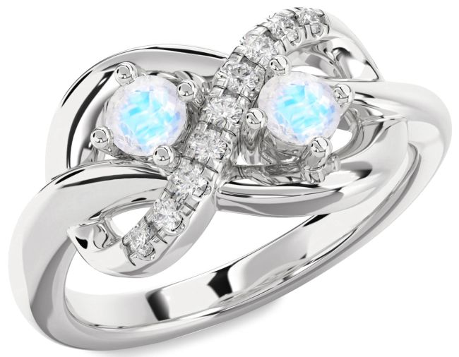 Diamond Moonstone Silver Infinity Round Two Stone Ring