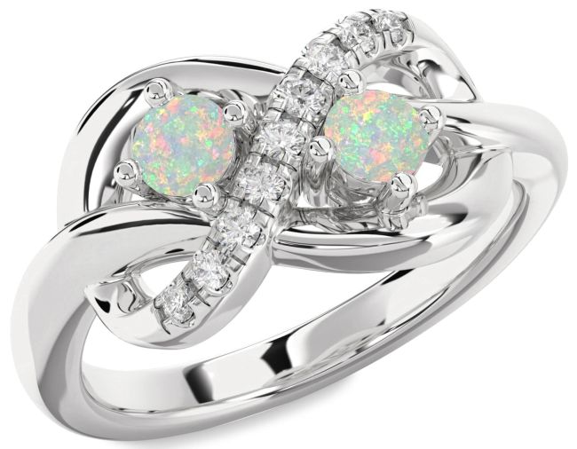 Diamond Opal Silver Infinity Round Two Stone Birthstone Ring