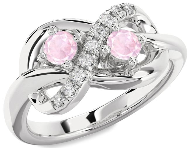 Diamond Rose Quartz Silver Infinity Round Two Stone Ring