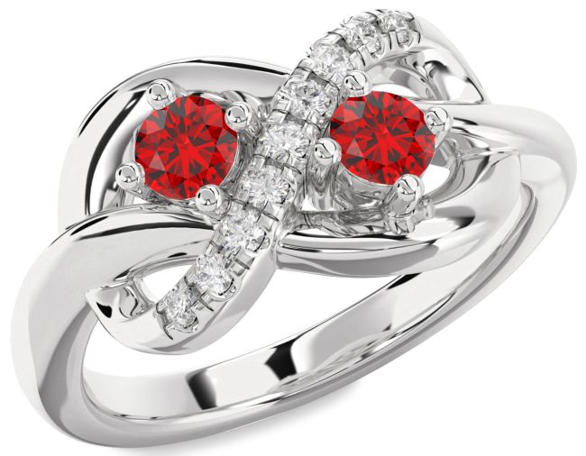 Diamond Ruby Silver Infinity Round Two Stone Birthstone Ring
