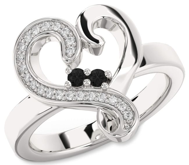 Black Diamond Silver Heart Two Stone Ring