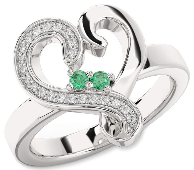 Diamond Emerald Silver Heart Two Stone Birthstone Ring