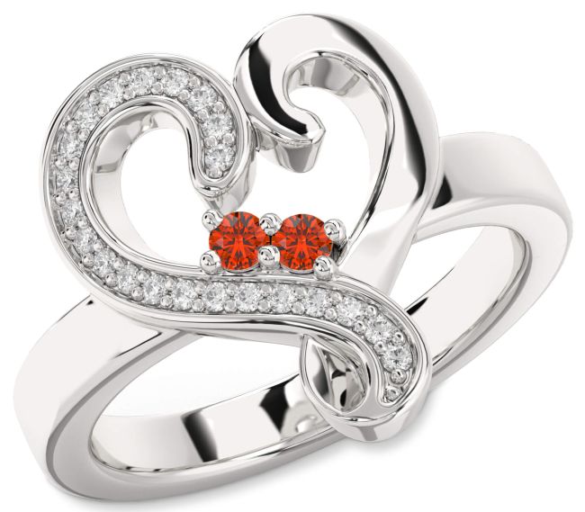 Diamond Fire Opal Silver Heart Two Stone Ring