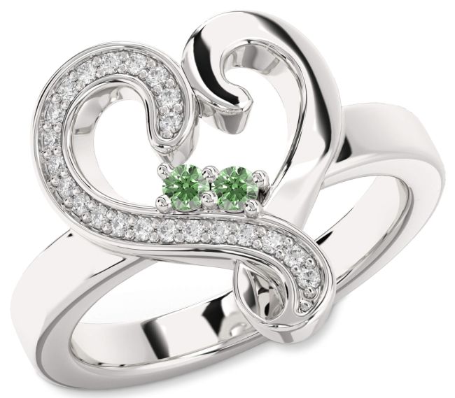 Green Diamond Silver Heart Two Stone Ring