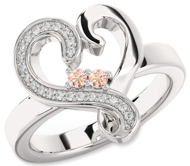 Diamond Morganite Silver Heart Two Stone Ring