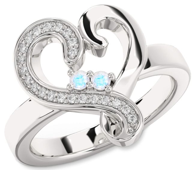 Diamond Moonstone Silver Heart Two Stone Ring