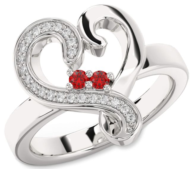 Diamond Ruby Silver Heart Two Stone Birthstone Ring