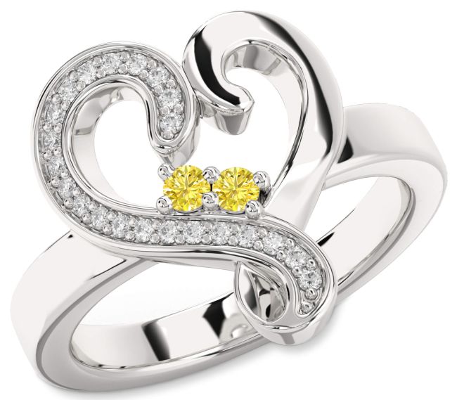 Yellow Diamond Silver Heart Two Stone Ring