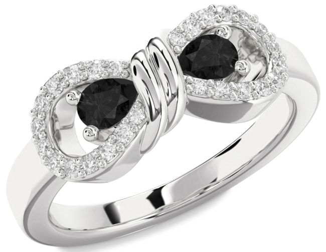 Black Diamond Silver Bow Pear Two Stone Ring