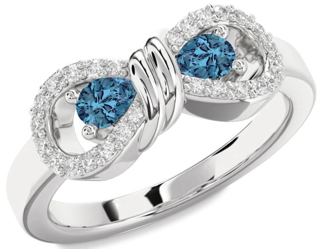 Blue Diamond Silver Bow Pear Two Stone Ring
