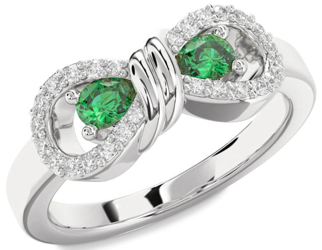 Diamond Emerald Silver Bow Pear Two Stone Birthstone Ring
