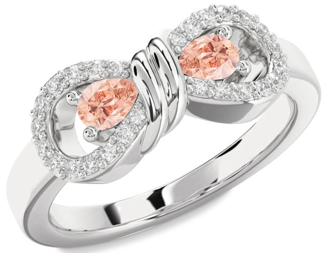 Diamond Morganite Silver Bow Pear Two Stone Ring
