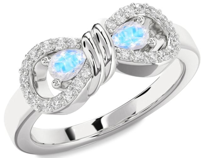 Diamond Moonstone Silver Bow Pear Two Stone Ring