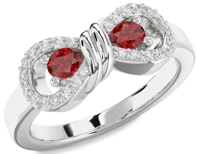 Diamond Ruby Silver Bow Pear Two Stone Birthstone Ring
