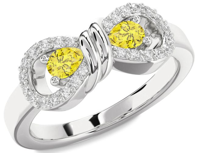 Yellow Diamond Silver Bow Pear Two Stone Ring