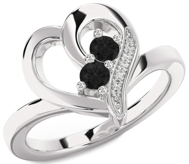 Black Diamond Silver Heart Two Stone Ring