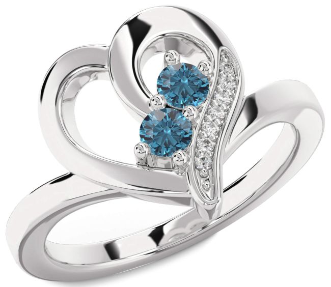 Blue Diamond Silver Heart Two Stone Ring
